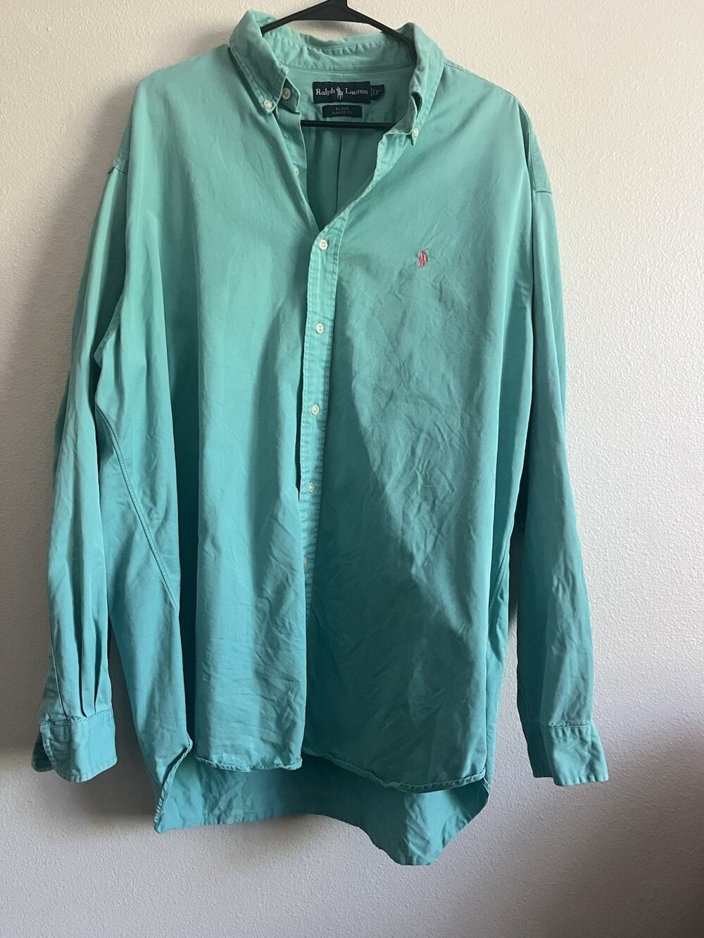 Ralph Lauren Blake Classic Button Front Shirt Mens XL Aqua Turquoise Pink Pony - Picture 1 of 14